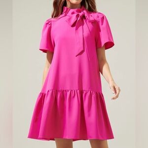 Sugarlips Tania Shift Ruffle Hot Pink Bow-Neck Tiered Mini Dress